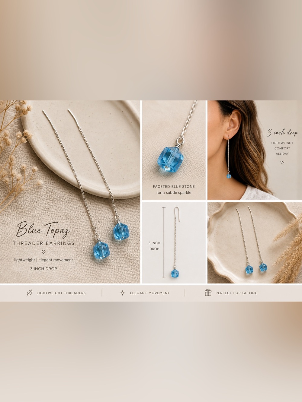 Vinatge Blue glass Crystal Threader Earrings — Elegant Blue Drop